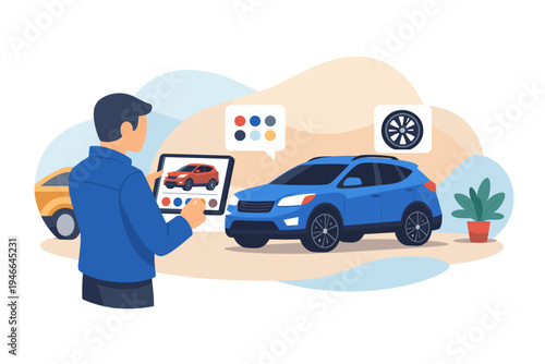 Man choosing car color and options on tablet.