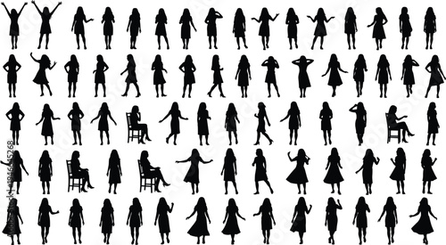 Large collection of black woman silhouettes in various lifestyle poses sitting walking and standing isolated on white background for graphic design