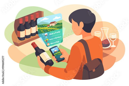 Man holding wine bottle and phone in wine shop.