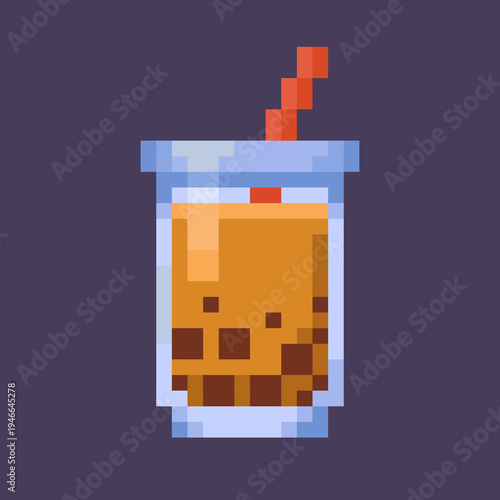 Pixel art illustration of bubble tea in transparent cup in 8-bit style. Perfect for game assets, cafe menus, beverage icons, mobile apps, и retro digital design. 