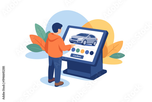Man Interacting With Car Configurator Touchscreen Display.