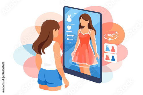 Woman uses virtual reality headset for online shopping experience.