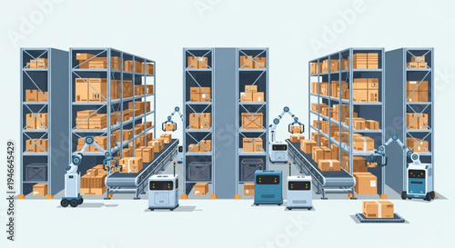 AI powered supply chain warehouse vector with smart robots and inventory management