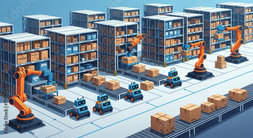 Automated distribution center vector with robotic arms and self driving warehouse robots