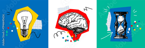 Trendy collage of sketch brain, glowing bulb, hourglass and doodles. Education, university, school, psychology, mental health, coaching, e-learning, wellness concept. Hand drawn vector illustration.