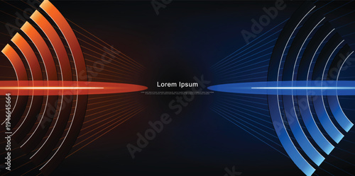 High Tech Abstract Concept Featuring Opposing Blue and Orange Glowing Waves with Central Text Space for Innovation and Digital Communication Themes