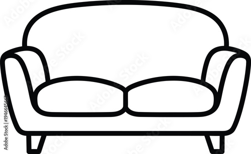 A simple line drawing of a two seater sofa with a classic design and clean lines on a white background