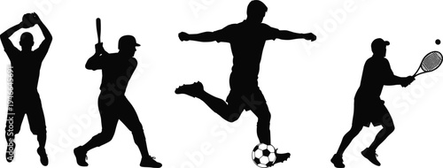 Set of athletic male silhouettes playing soccer basketball baseball and tennis isolated on white background for sports competition and active lifestyle