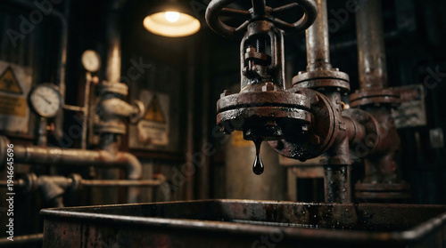 A dramatic industrial pipeline valve in a dark refinery setting with a newspaper about geopolitical conflict, symbolizing oil supply disruption, energy crisis, and war-driven economic tension.