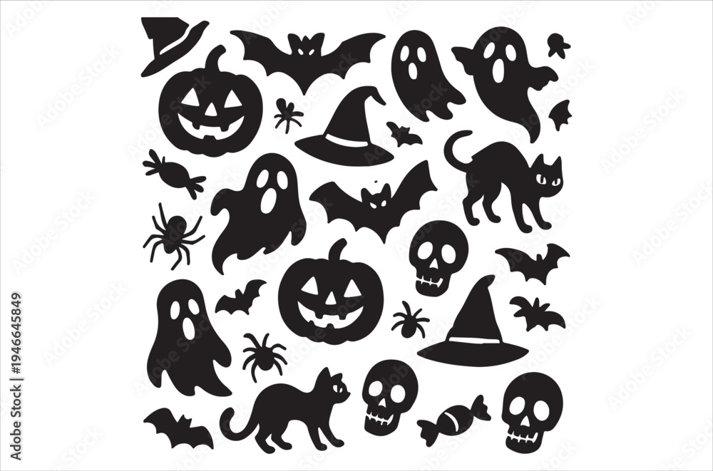 Obraz premium A collection of black silhouettes depicting various halloween themed icons