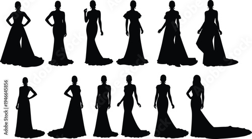 Set Of Elegant Women Silhouettes Wearing Long Evening Gowns And Luxury Wedding Dresses For Fashion Design Galas Proms And Weddings
