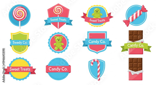 Collection of colorful candy and sweet treat emblems and logos.