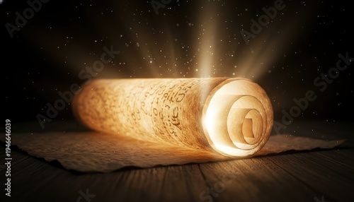 scroll parchment glowing ancient mystery magic manuscript illuminating a dark room with divine light beams and sparkles, symbolizing secret wisdom, historical discovery, and knowledge.