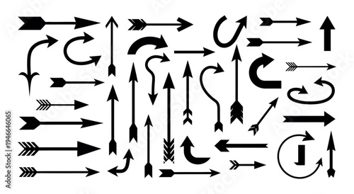 Collection of various black arrow symbols and icons on a white background