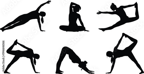 Set of Yoga Silhouettes Featuring Women in Diverse Poses Like Downward Dog, Side Plank, and Stretching for Wellness and Fitness Design
