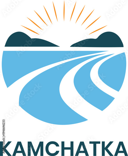 Kamchatka Travel Logo Vector Featuring Mountains Rising Sun and River for Tourism and Outdoor Adventure Branding