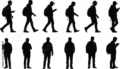 Set of Young Men Silhouettes Carrying Backpacks Walking and Standing While Using Smartphones for Urban Travel, Commuting, and Student Lifestyle