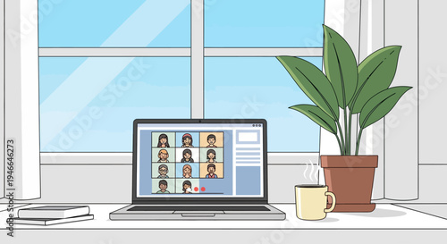 Online Meeting Video Conference Workspace Flat Vector Illustration with Laptop Screen and Office Desk