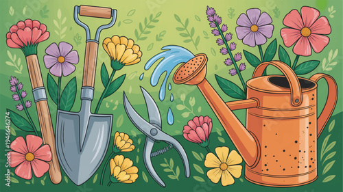 Vibrant garden tools and flowers illustration with watering can pruners shovel and rake surrounded by colorful blooms in a lush green environment for gardening and horticulture