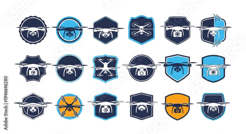 Collection of drone emblems and badges for technology and security.