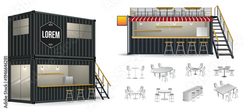 Modern Shipping Container Cafe Kiosk with Outdoor Seating and Street Food Concept.