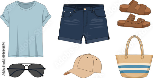 Casual summer outfit with light blue t-shirt, denim shorts, brown sandals, baseball cap, sunglasses, and striped tote bag for beach, vacation, and outdoor lifestyle fashion.