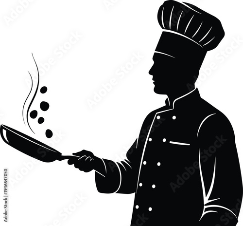 Silhouette of chef wearing hat and jacket holding frying pan, tossing food with steam, symbolizing cooking, culinary arts, restaurant, kitchen, and professional gastronomy artwork