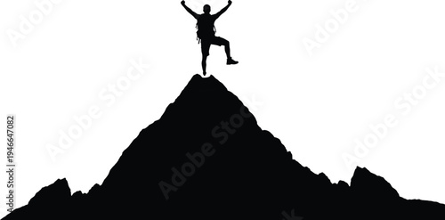 Silhouette of climber standing triumphantly on mountain peak with raised arms, symbolizing achievement, perseverance, success, adventure, and overcoming challenges in vector artwork