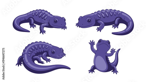 Cute purple newt and salamander cartoon illustrations. Amusing amphibian characters in diverse poses, isolated on white.