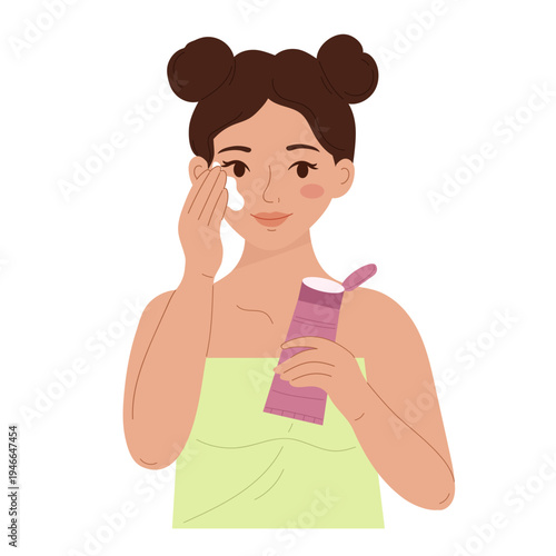Young woman applying cosmetic cream or sunscreen on face from pink tube. Female character doing daily morning skincare routine, moisturizing skin and maintaining healthy beauty care isolated.