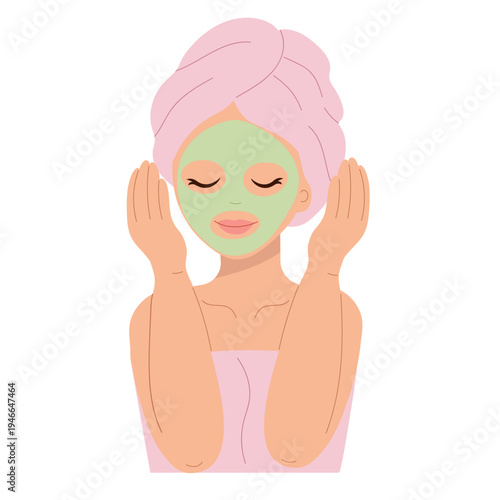 Young woman with green cosmetic mask on face and pink head towel. Female character practicing facial skincare treatment and relaxing during daily beauty routine isolated.