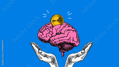 Trendy collage of sketch brain and golden coin. Education, psychology, finance idea, business strategy, investment, startup concept. Hand drawn vintage halftone vector illustration.