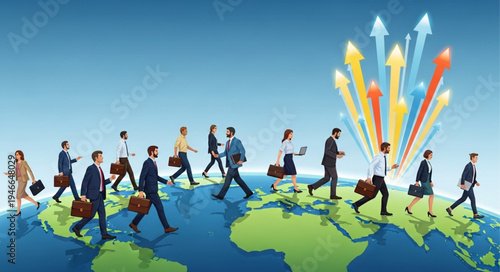 Business People Walking on World Map.
