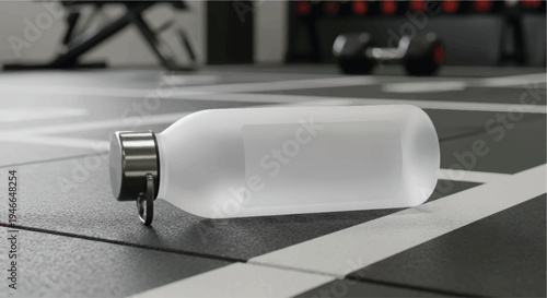 A clear plastic water bottle with a metal cap lying on a gym floor