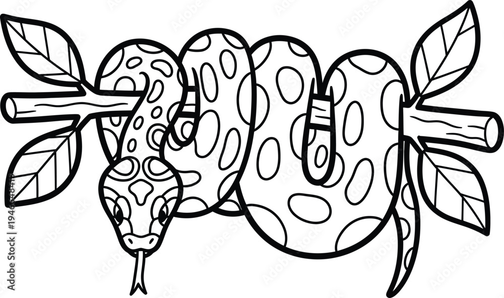 Fototapeta premium A black and white illustration of a snake wrapped around a branch with leaves and a distinctive pattern on its body and head