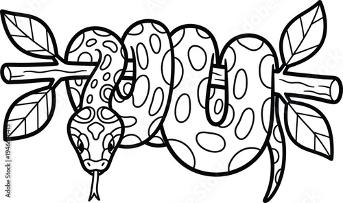 A black and white illustration of a snake wrapped around a branch with leaves and a distinctive pattern on its body and head