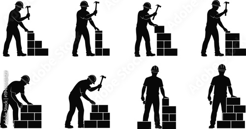 Bricklayer worker silhouettes laying bricks with hammer, masonry construction labor activity set, professional builder workforce vector illustration isolated