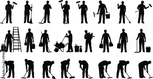 Cleaning worker silhouettes set, janitor staff using mop broom bucket and tools, sanitation service team working poses, professional cleaning workforce vector illustration