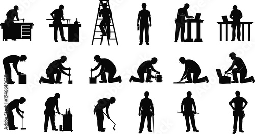 Construction worker silhouettes collection, builders using tools and equipment, ladder technician, industrial labor activities set, professional engineering workforce vector illustration isolated