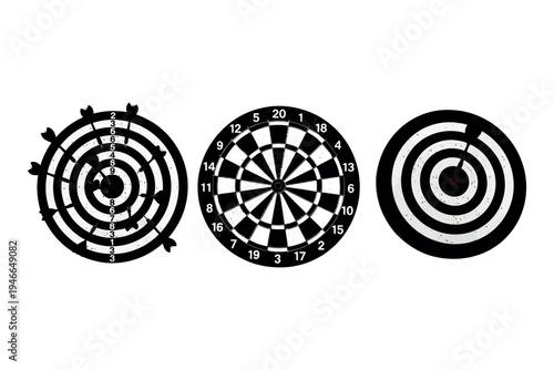 Three dartboards with varying designs and targets for game play