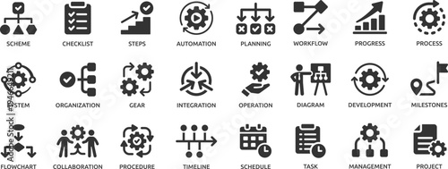 Workflow icon set. Containing process, planning, progress, scheme, management, diagram, flowchart and more.