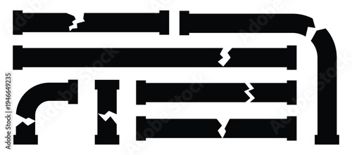 Broken Pipe & Water Leak Vector Icons – Burst Pipeline, Dripping Faucet, and Plumbing Damage Illustrations