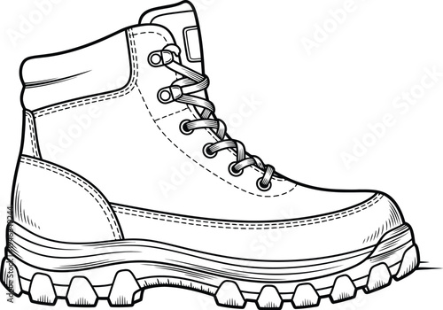 Detailed line drawing of a rugged lace up work boot with thick sole and stitching