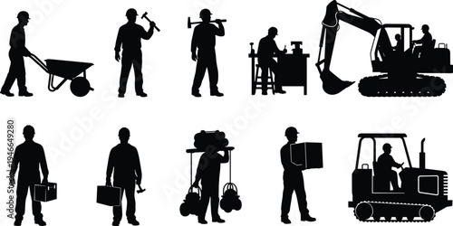 Construction worker silhouettes set, builders with tools and machinery, excavator operator, wheelbarrow labor, industrial engineering workforce collection vector illustration isolated