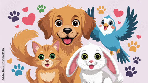 Friendly pets illustration with dog cat rabbit and parrot surrounded by hearts and paw prints on a pastel background