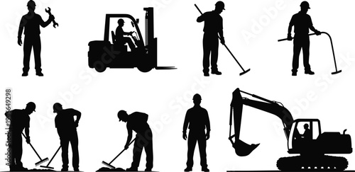 Construction worker silhouettes set with tools and machinery, forklift driver, excavator operator, road maintenance laborers, industrial construction workforce vector illustration isolated