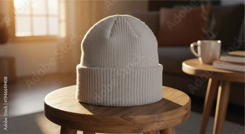 A cozy white knit beanie hat resting on a wooden stool in a warmly lit room