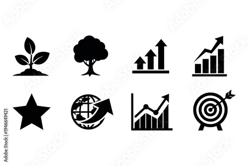 Collection of business and growth icons in black and white