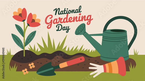 National gardening day illustration with watering can tools and flowers in garden soil