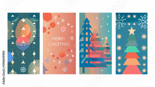 Four vertical christmas themed abstract illustrations in varying color palettes